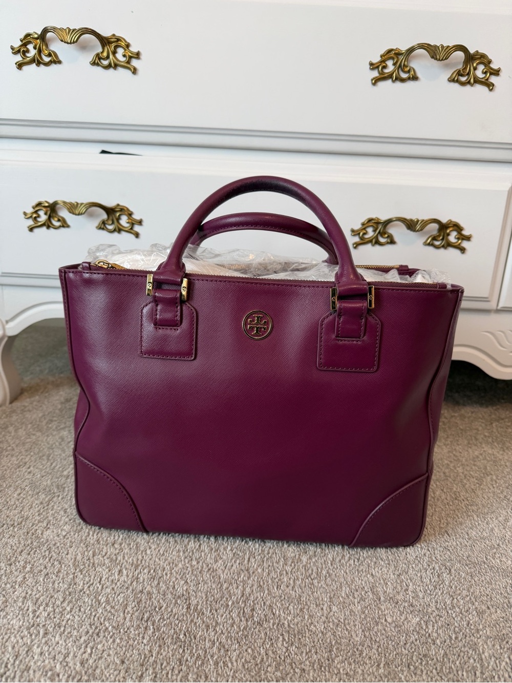 Tory Burch Plum Leather Double-Handle Satchel with Gold-Tone Logo